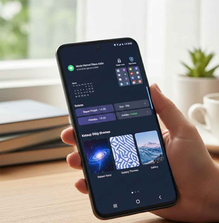 Tangan memegang smartphone modern dengan antarmuka yang menampilkan mode hemat daya, folder aman, dan pratinjau tema kustom