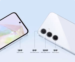 Illustration of Samsung Galaxy A35 5G rear triple-camera system featuring a 50MP main sensor, 8MP ultra-wide lens, and 5MP macro lens for versatile photography.