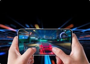 Samsung Galaxy A35 5G displaying mobile gaming performance, showing smooth gameplay on screen with stable frame rates, highlighting Exynos 1380 chipset and Mali-G68 MP5 GPU capabilities."