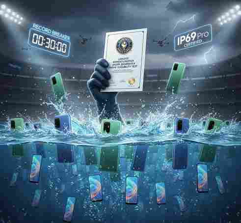Ilustrasi rekor ketahanan air realme C85 Series dengan sertifikat Guinness World Records dan ponsel terendam air.